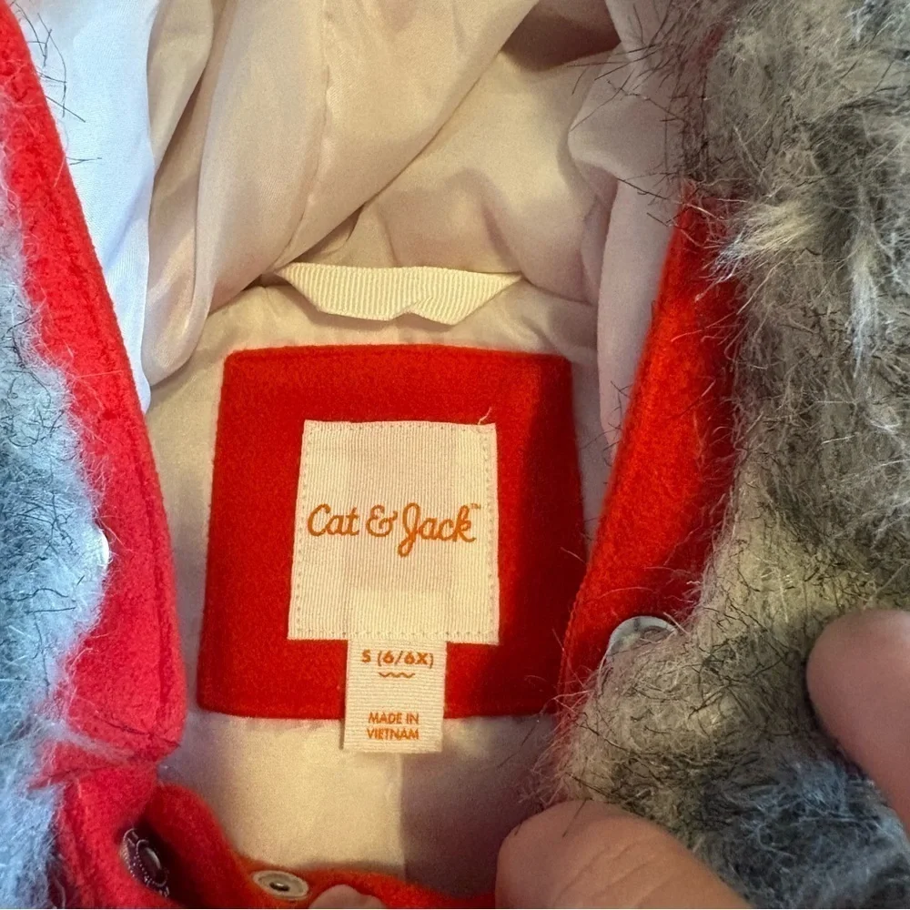 Cat & Jack Red Faux Fur Trim Hooded Pea Coat Small 6/6X Double Breasted